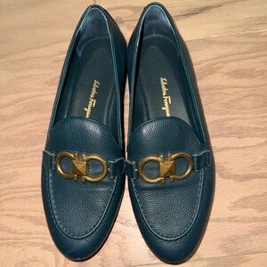 Salvatore Ferragamo Teal Loafers with Gold Accent